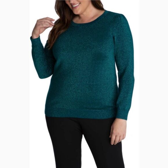 Adyson Parker Crewneck Metallic Knit Pullover in Peacock Teal, Sz 2X, Sparkle - Picture 1 of 11